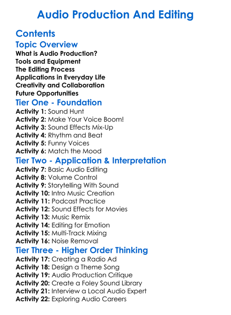 Audio Production And Editing Worksheet Activity Booklet