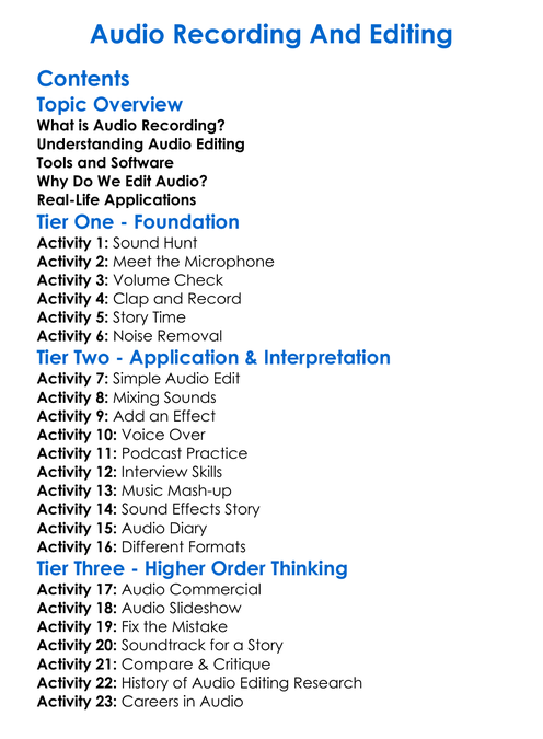 Audio Recording And Editing Worksheet Activity Booklet