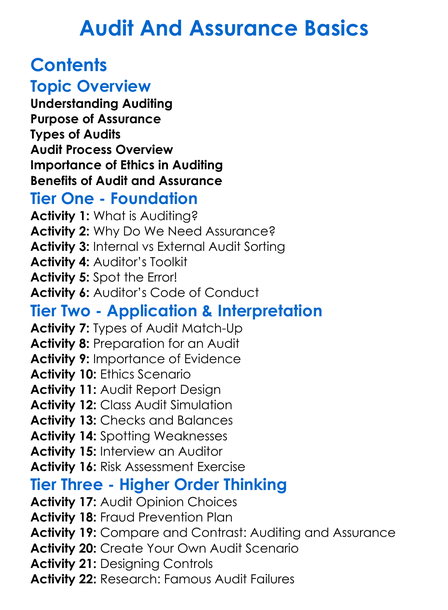 Audit And Assurance Basics Worksheet Activity Booklet