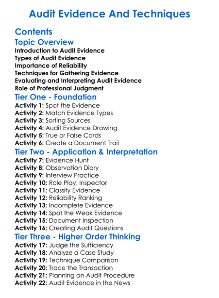 Audit Evidence And Techniques Worksheet Activity Booklet