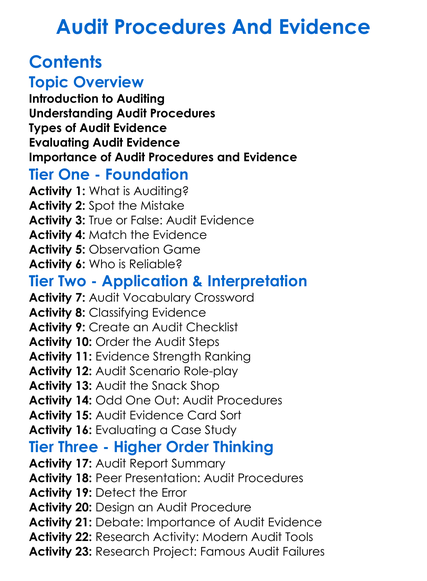 Audit Procedures And Evidence Worksheet Activity Booklet