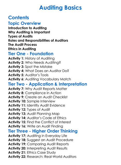 Auditing Basics Worksheet Activity Booklet