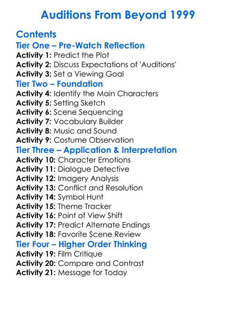 Auditions From Beyond 1999 Worksheet Activity Booklet