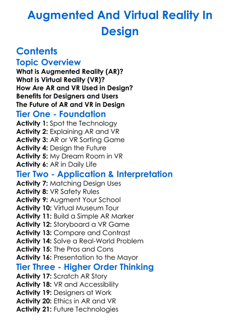Augmented And Virtual Reality In Design Worksheet Activity Booklet