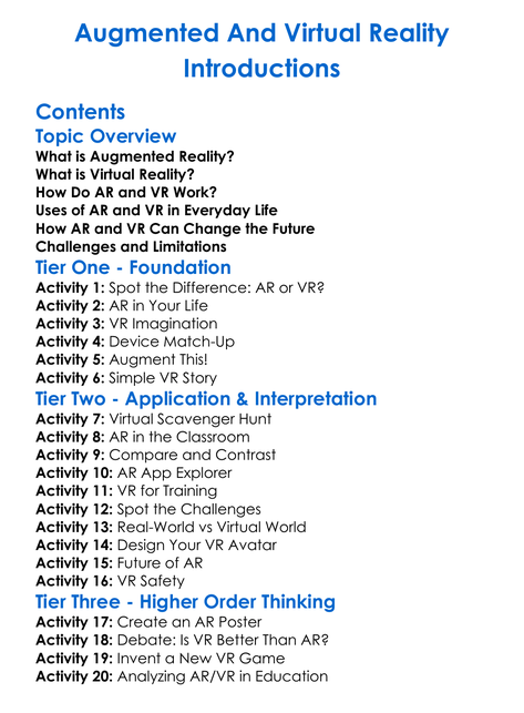 Augmented And Virtual Reality Introductions Worksheet Activity Booklet
