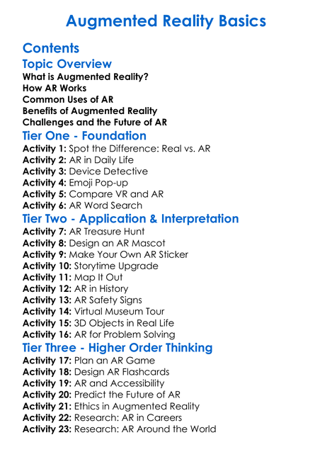 Augmented Reality Basics Worksheet Activity Booklet