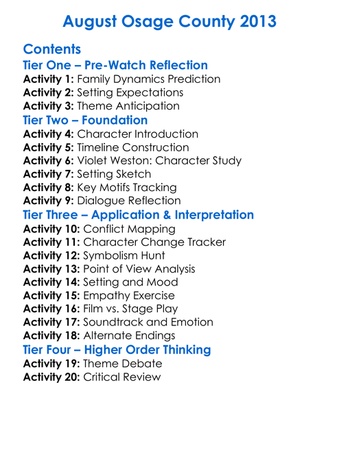 August Osage County 2013 Worksheet Activity Booklet