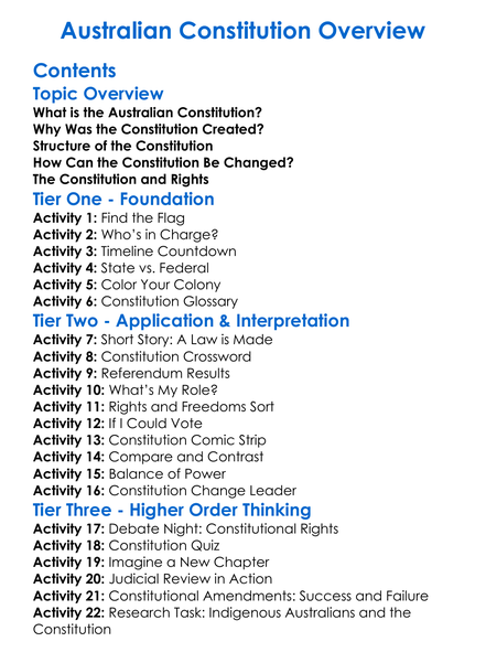 Australian Constitution Overview Worksheet Activity Booklet