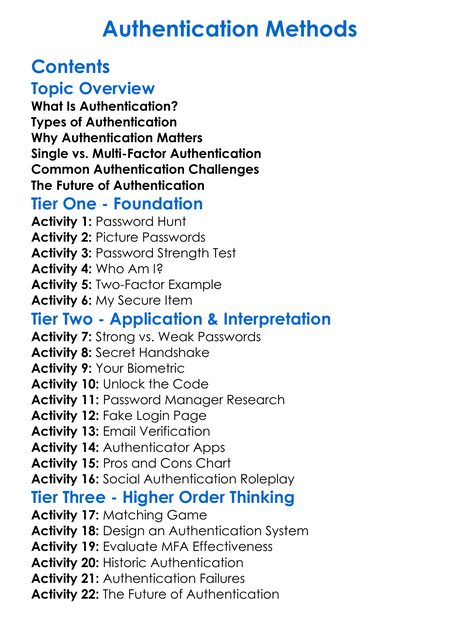 Authentication Methods Worksheet Activity Booklet