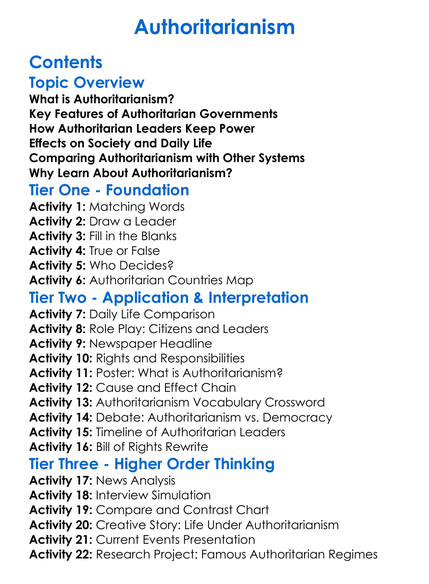 Authoritarianism Worksheet Activity Booklet