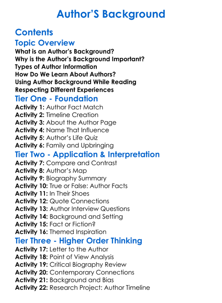 Authors Background Worksheet Activity Booklet
