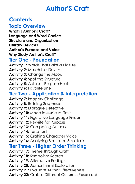 Authors Craft Worksheet Activity Booklet