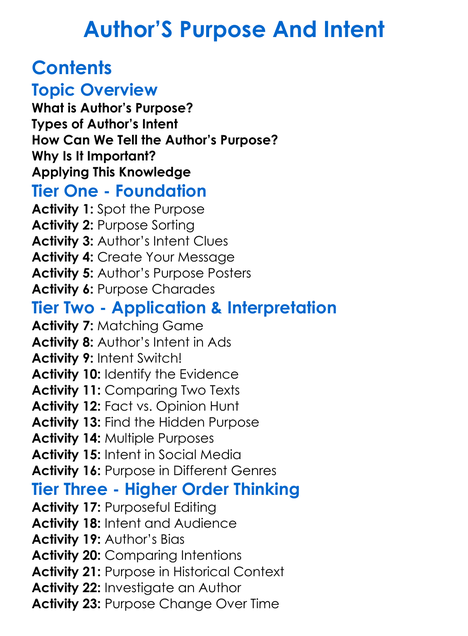 Authors Purpose And Intent Worksheet Activity Booklet