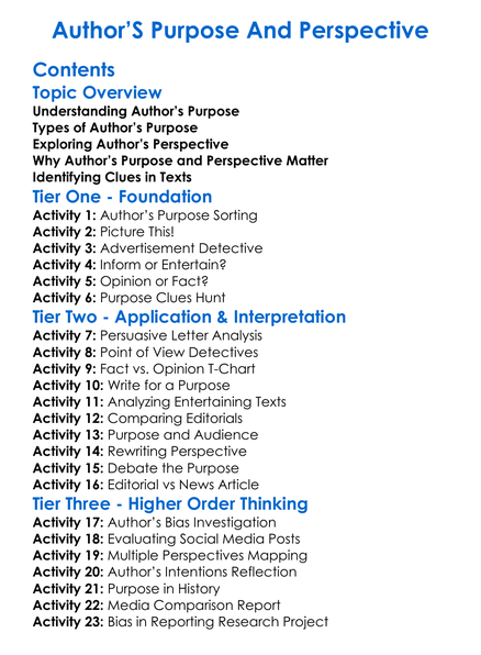 Authors Purpose And Perspective Worksheet Activity Booklet