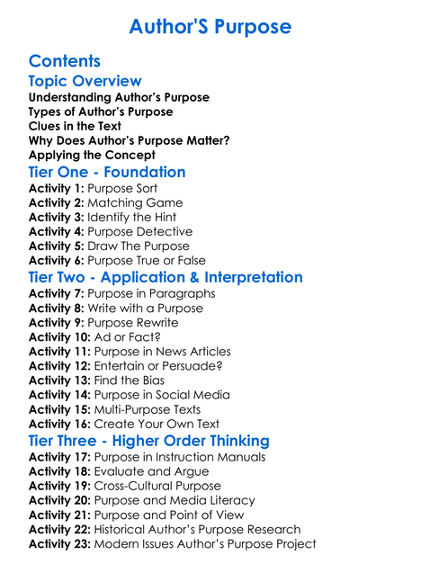 Authors Purpose Worksheet Activity Booklet