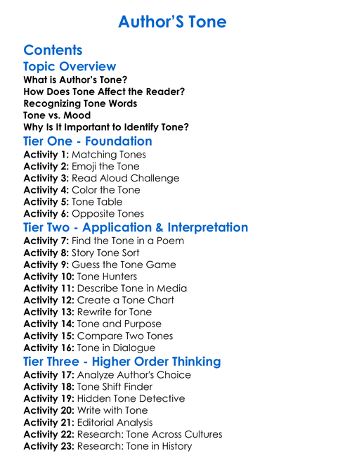 Authors Tone Worksheet Activity Booklet