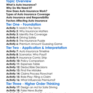 Auto Insurance Worksheet Activity Booklet