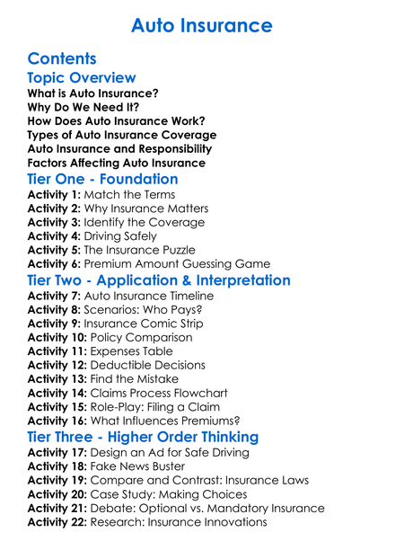 Auto Insurance Worksheet Activity Booklet