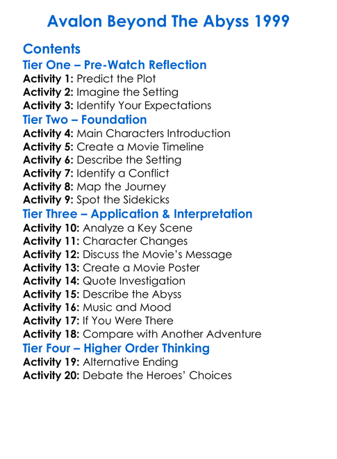 Avalon Beyond The Abyss 1999 Worksheet Activity Booklet