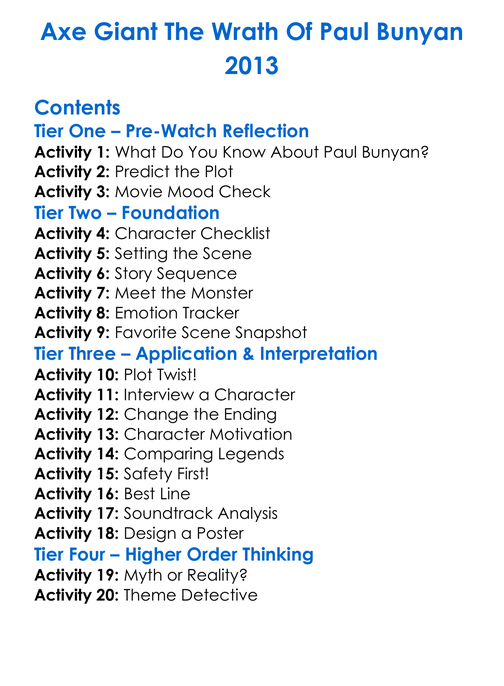 Axe Giant The Wrath Of Paul Bunyan 2013 Worksheet Activity Booklet