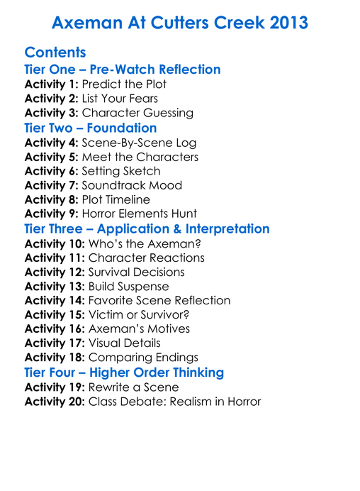 Axeman At Cutters Creek 2013 Worksheet Activity Booklet