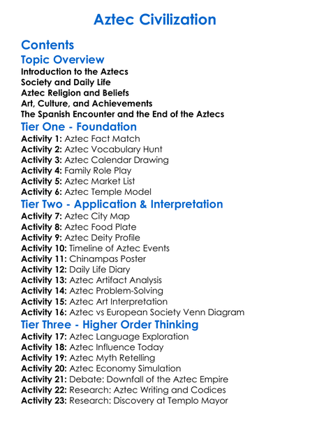 Aztec Civilization Worksheet Activity Booklet