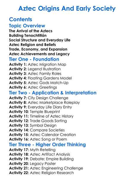 Aztec Origins And Early Society Worksheet Activity Booklet