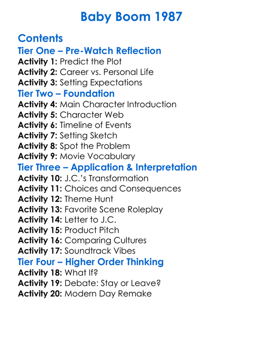 Baby Boom 1987 Worksheet Activity Booklet