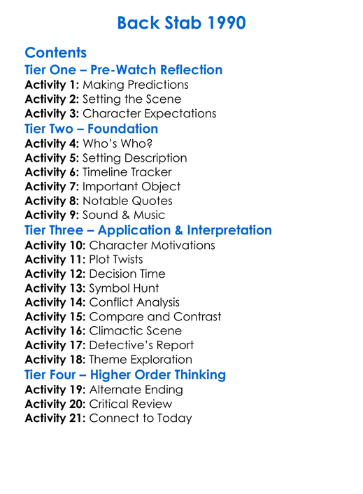 Back Stab 1990 Worksheet Activity Booklet