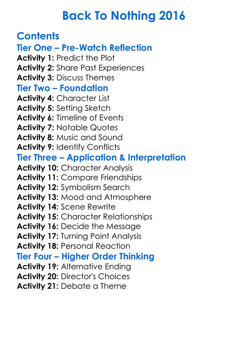 Back To Nothing 2016 Worksheet Activity Booklet