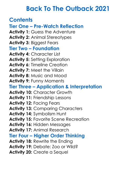 Back To The Outback 2021 Worksheet Activity Booklet