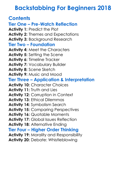 Backstabbing For Beginners 2018 Worksheet Activity Booklet