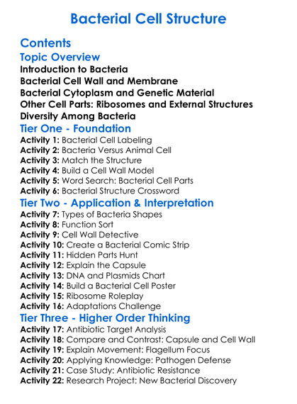 Bacterial Cell Structure Worksheet Activity Booklet