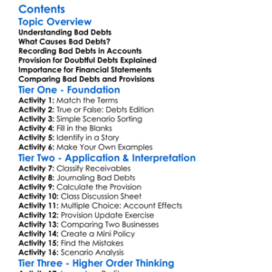 Bad Debts And Provision For Doubtful Debts Worksheet Activity Booklet