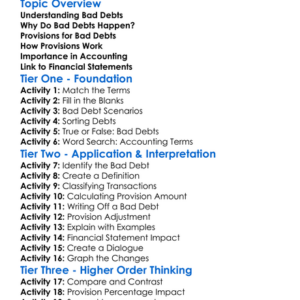 Bad Debts And Provisions Worksheet Activity Booklet