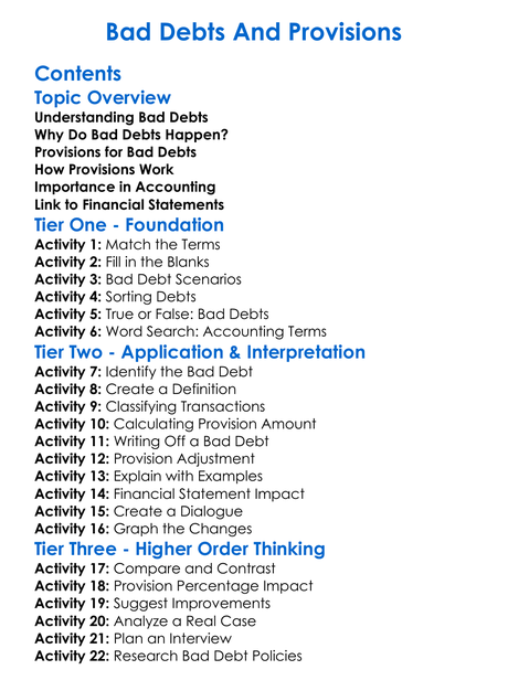 Bad Debts And Provisions Worksheet Activity Booklet