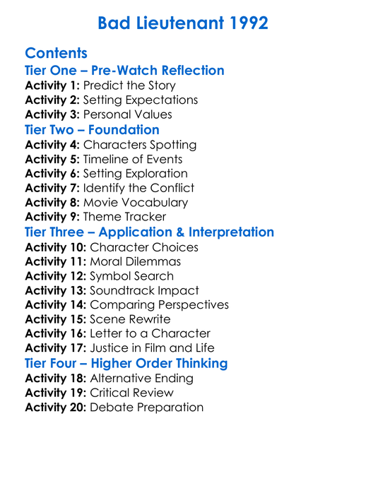 Bad Lieutenant 1992 Worksheet Activity Booklet