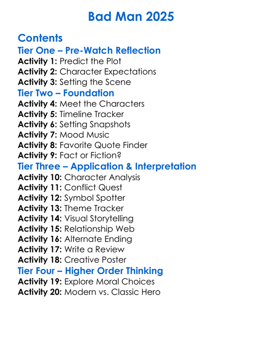 Bad Man 2025 Worksheet Activity Booklet
