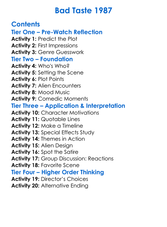 Bad Taste 1987 Worksheet Activity Booklet