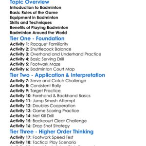 Badminton Worksheet Activity Booklet