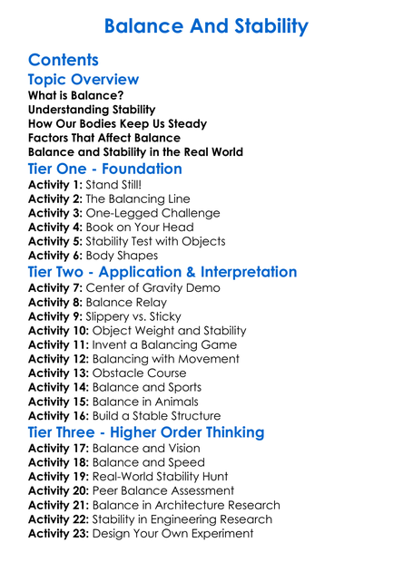 Balance And Stability Worksheet Activity Booklet