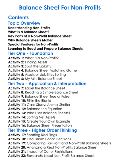 Balance Sheet For Non-Profits Worksheet Activity Booklet
