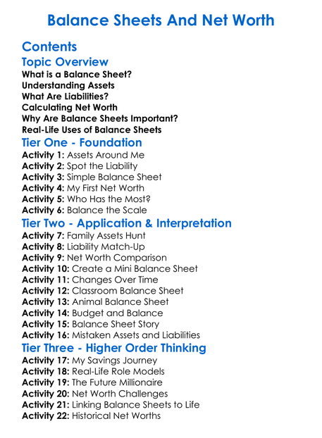 Balance Sheets And Net Worth Worksheet Activity Booklet