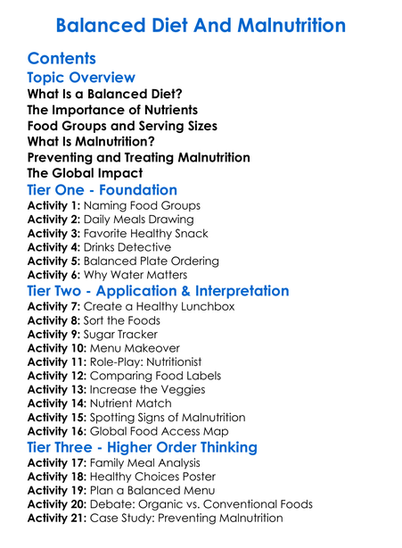 Balanced Diet And Malnutrition Worksheet Activity Booklet