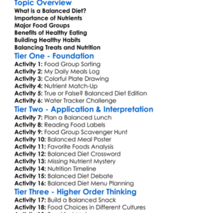 Balanced Diet And Nutrients Worksheet Activity Booklet