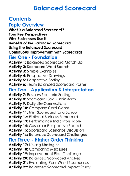 Balanced Scorecard Worksheet Activity Booklet