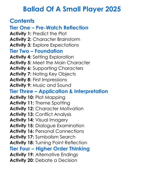Ballad Of A Small Player 2025 Worksheet Activity Booklet