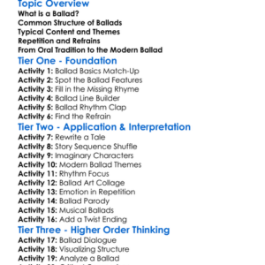 Ballad Structure Worksheet Activity Booklet