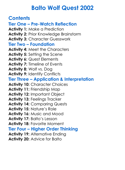 Balto Wolf Quest 2002 Worksheet Activity Booklet