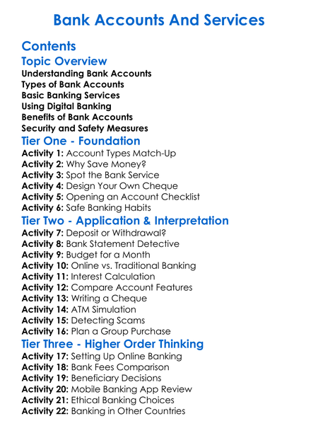Bank Accounts And Services Worksheet Activity Booklet
